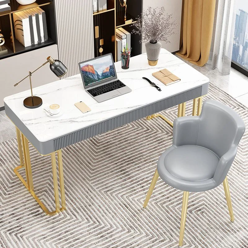 Scrivania da ufficio contemporanea pietra Scrivania operativa di forma rettangolare con 2 gambe bianco e oro Clearhalo