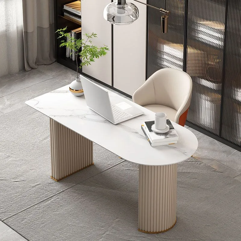 Scrivania da ufficio Glam Beige da 23,6 pollici di larghezza pietra e metallo Clearhalo