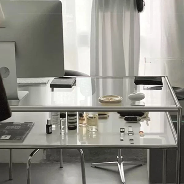 Scrivania da ufficio moderna con piano vetro Scrivania alta 31,5 pollici con gambe acciaio inossidabile Clearhalo