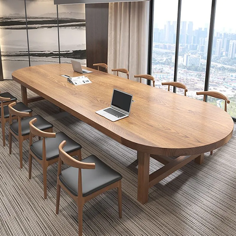 Scrivania da ufficio ovale pino stile moderno con gambe legno per ufficio Clearhalo
