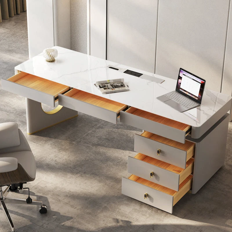 Scrivania da ufficio rettangolare con piano pietra, scrivania glamour con cassetti per ufficio Clearhalo