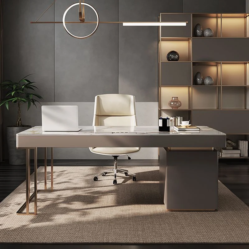 Scrivania da ufficio rettangolare con piano pietra, scrivania stile moderno con 6 cassetti Clearhalo