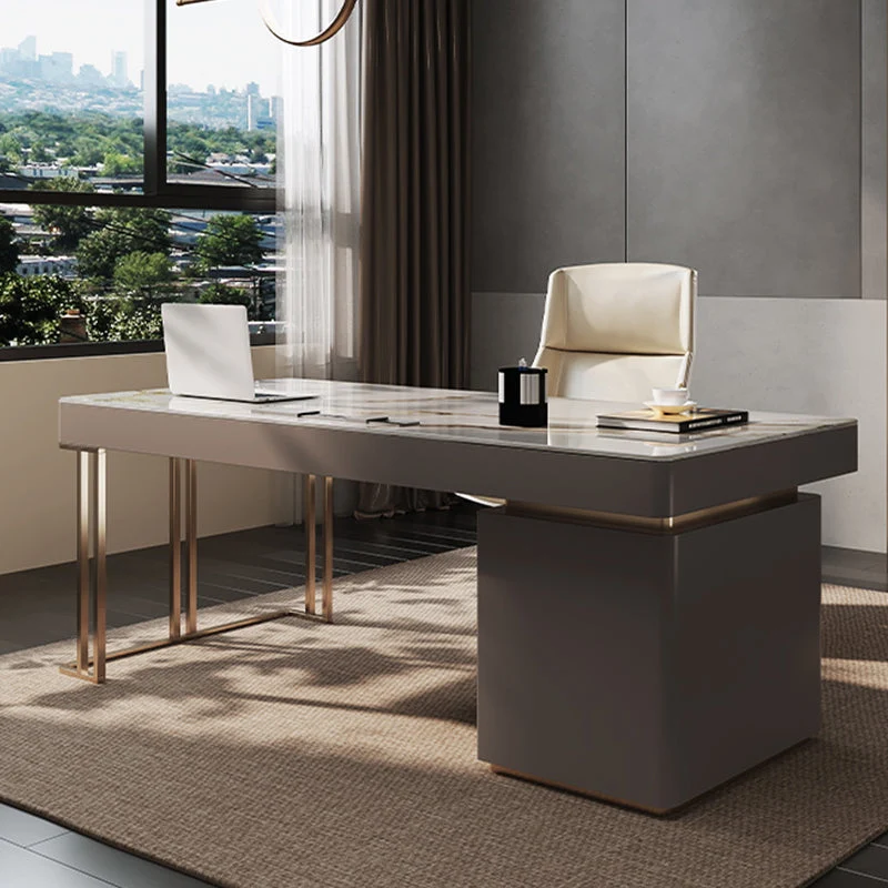 Scrivania da ufficio rettangolare con piano pietra, scrivania stile moderno con 6 cassetti Clearhalo