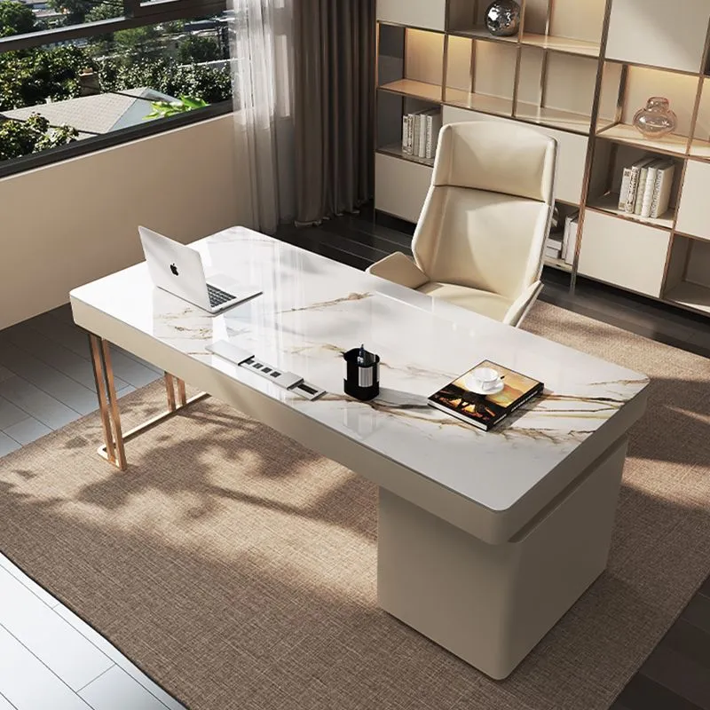 Scrivania da ufficio rettangolare con piano pietra, scrivania stile moderno con 6 cassetti Clearhalo