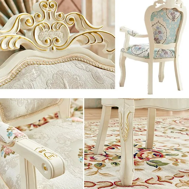 Sedia da pranzo con braccioli cotone di betulla stile europeo, colore chiaro, schienale solido, con gambe bianche Clearhalo