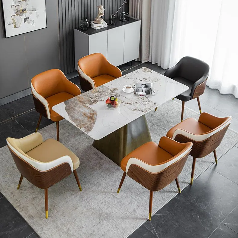 Sedia da pranzo moderna con braccioli imbottiti Sedia singola con schienale massiccio pelle per uso domestico Clearhalo