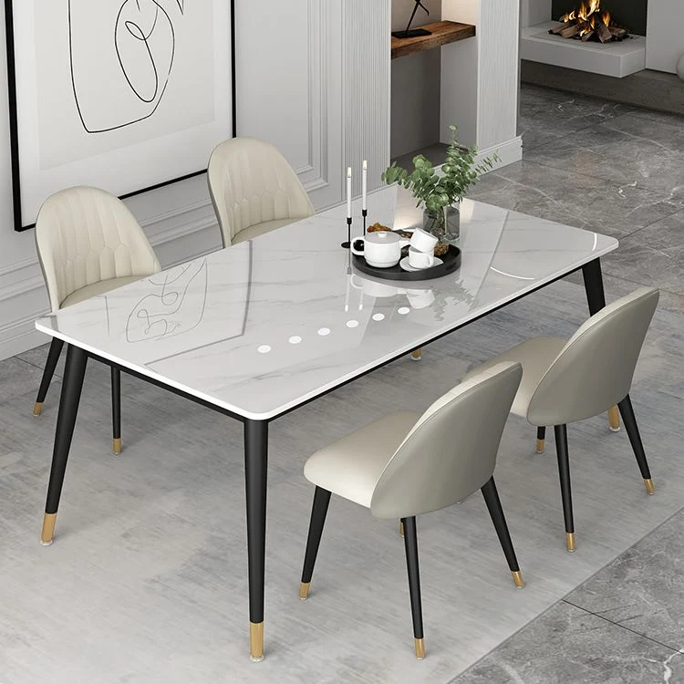 Set dinette acciaio Glam Set tavolo da pranzo con piano pietra sinterizzata bianca rettangolare da 1/4/5/7 pezzi Clearhalo