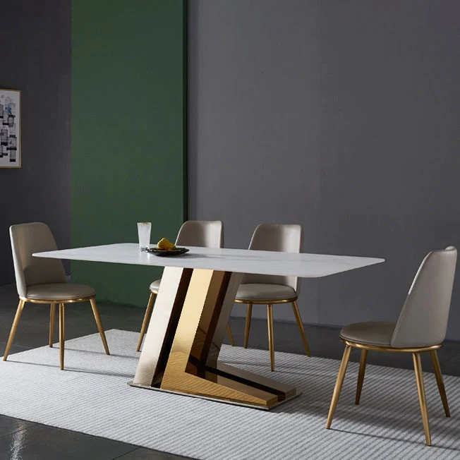 Set dinette rettangolare Glam Set tavolo da pranzo da 1/4/5/7 pezzi con piano pietra sinterizzata bianca Clearhalo