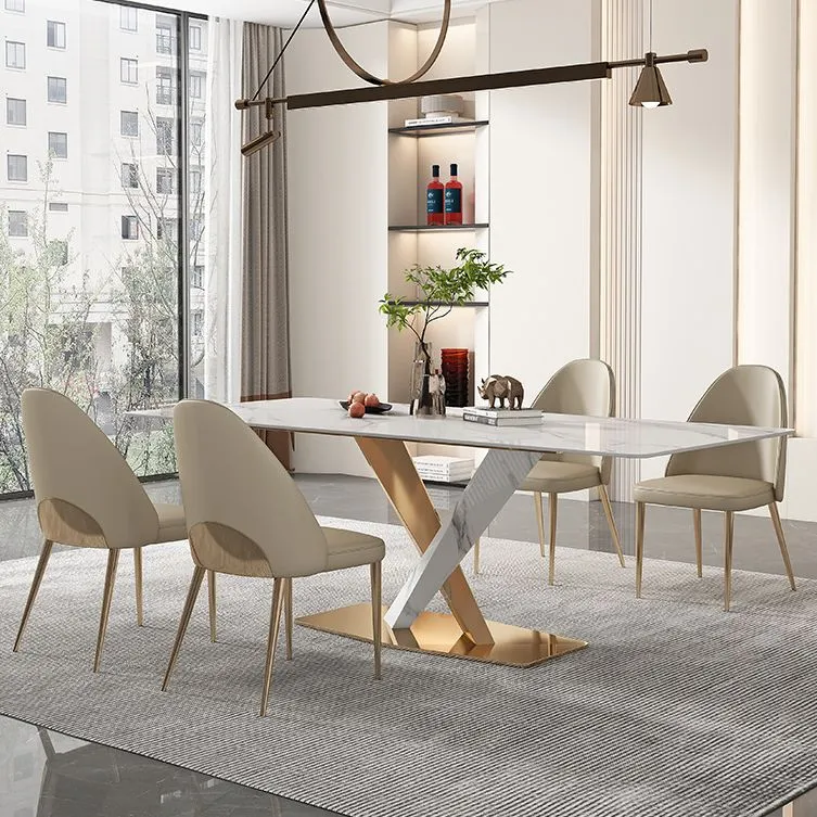 Set da pranzo con piano pietra sinterizzata nordica Set tavolo da pranzo rettangolare 1/4/5/6/7/9 pezzi Clearhalo