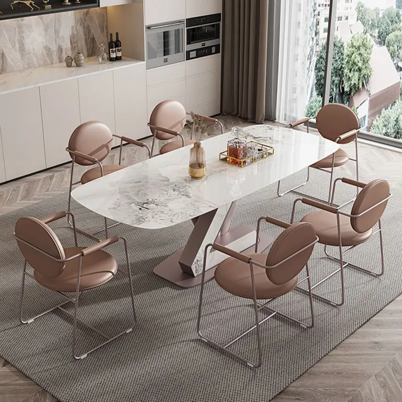 Set da pranzo di lusso con piano pietra sinterizzata Set tavolo da pranzo rettangolare 1/4/5/7 pezzi Clearhalo