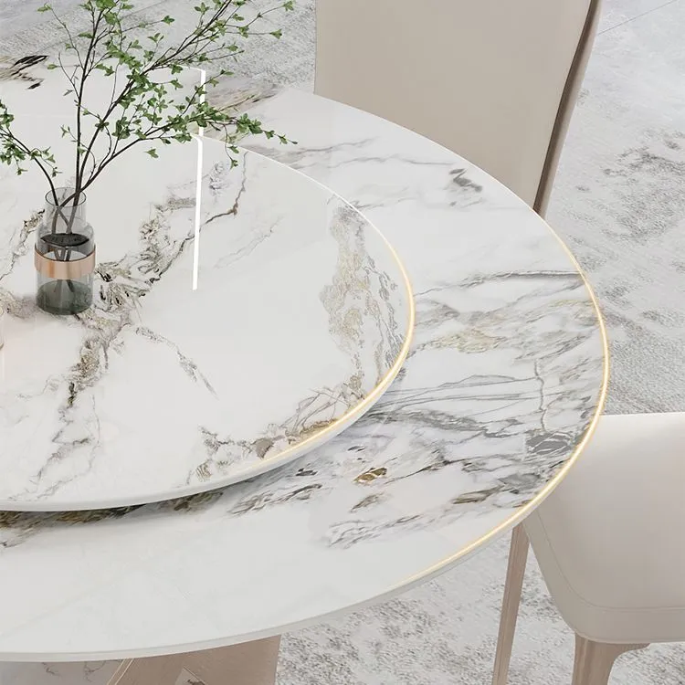 Set da pranzo moderno da 1/4/5/7 pezzi con tavolo da pranzo rotondo pietra sinterizzata bianca Clearhalo
