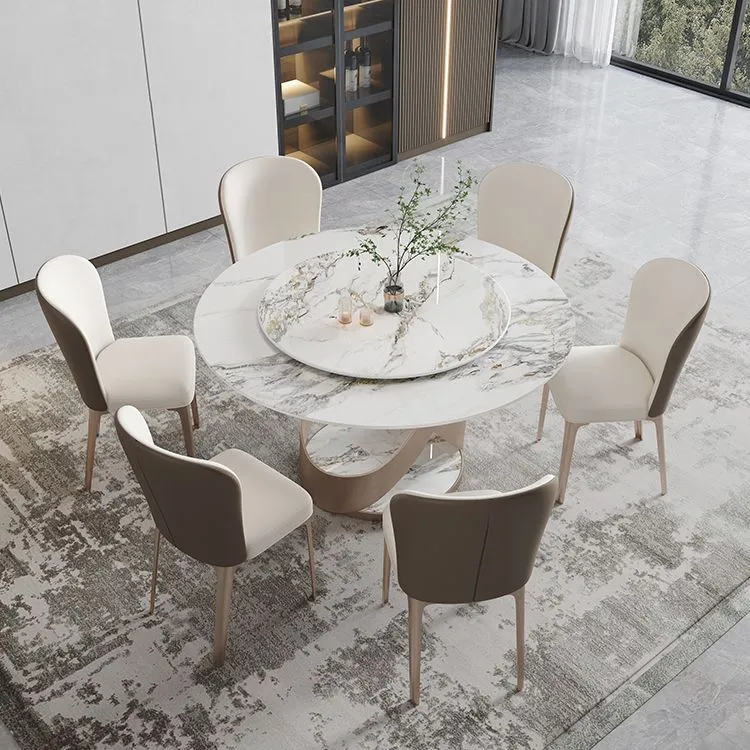 Set da pranzo moderno da 1/4/5/7 pezzi con tavolo da pranzo rotondo pietra sinterizzata bianca Clearhalo
