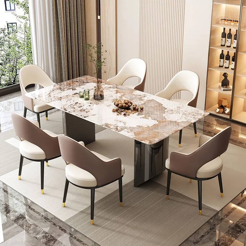 Set da pranzo moderno con doppio piedistallo pietra sinterizzata rettangolare da 1/5/7/9 pezzi per la casa Clearhalo