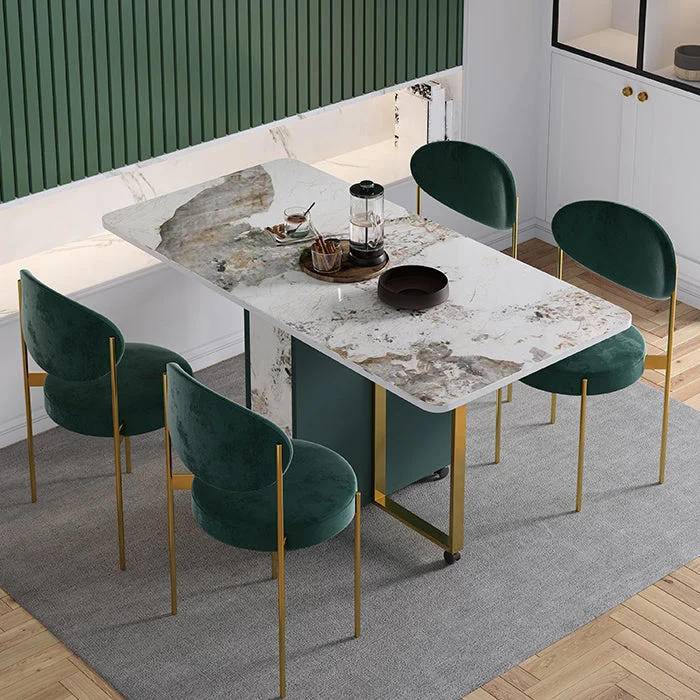 Set da pranzo moderno pieghevole Set da tavolo da pranzo pietra sinterizzata bianca rettangolare da 1/2/3/5 pezzi Clearhalo