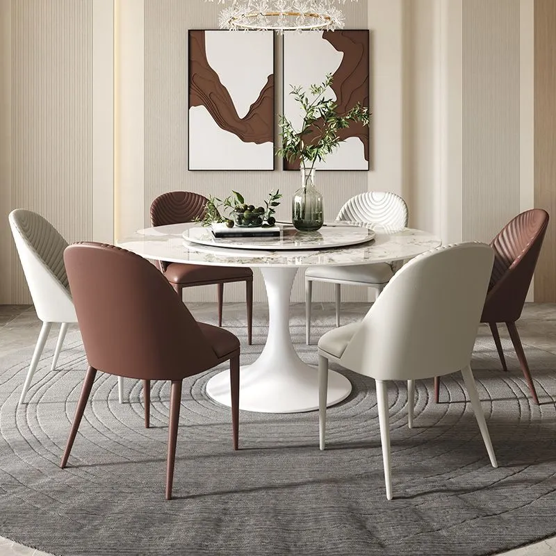 Set da pranzo moderno rotondo Set da tavolo da pranzo pietra sinterizzata da 1/4/5/7 pezzi con piatto girevole Clearhalo