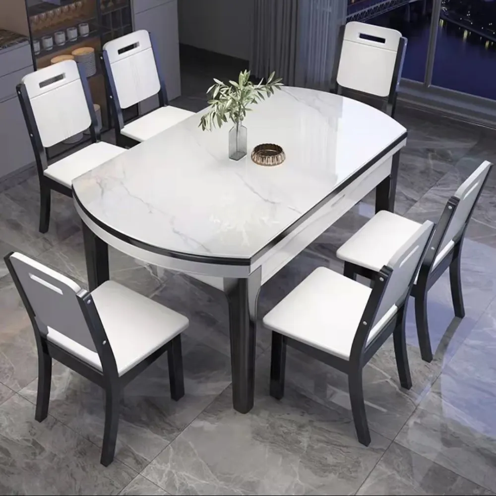 Set da pranzo pietra bianca per cucina Set da tavolo da pranzo moderno pieghevole da 1/7 pezzi Clearhalo