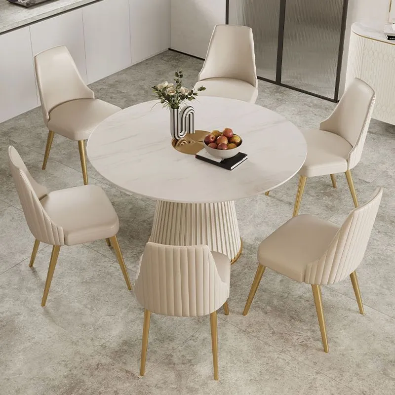 Set da pranzo rotondo pietra sinterizzata stile nordico glam Set da pranzo da 1/4/5/7 pezzi Clearhalo