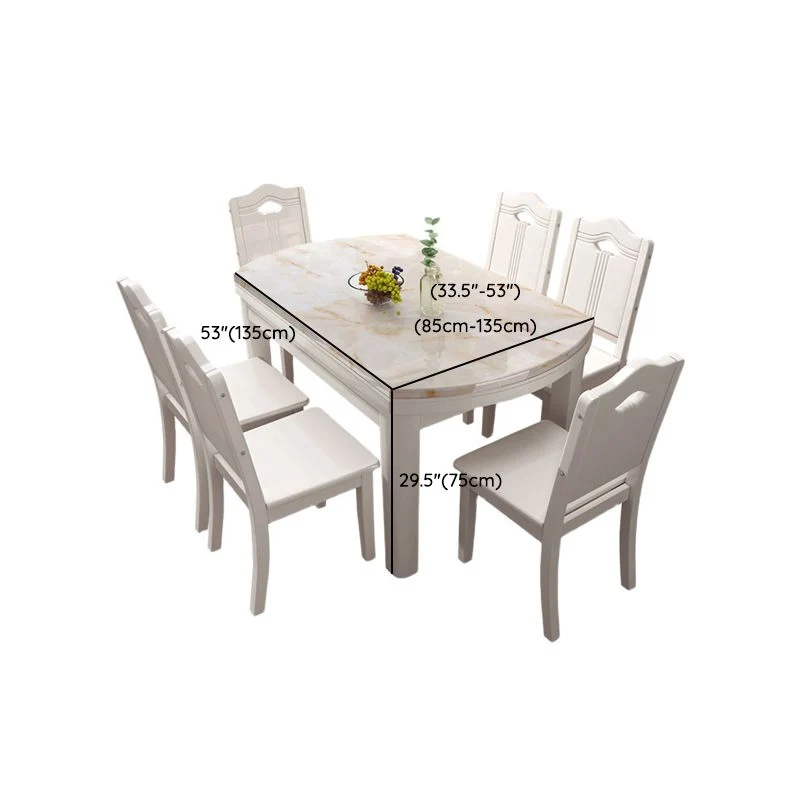 Set di sedia e tavolo da pranzo con piano finto marmo, 7 pezzi, bianco Clearhalo