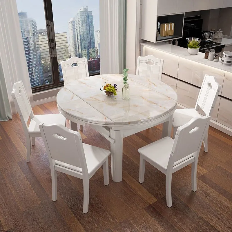 Set di sedia e tavolo da pranzo con piano finto marmo, 7 pezzi, bianco Clearhalo