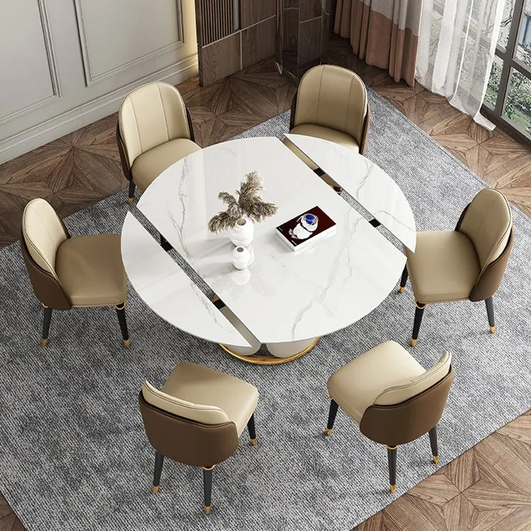 Set tavolo da pranzo bianco Glam 1/4/5/6/7/9 pezzi con set dinette scalabile rotondo con piano pietra Clearhalo