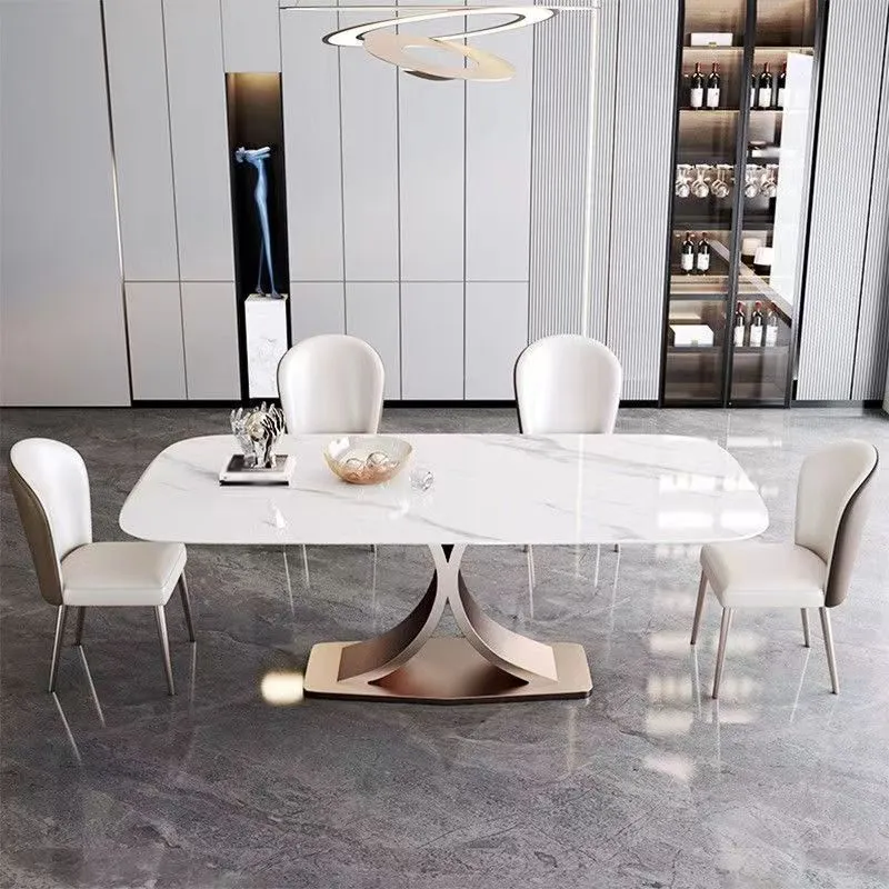 Set tavolo da pranzo moderno rettangolare Set dinette da 1/2/5/6 pezzi con piano pietra sinterizzata bianca Clearhalo