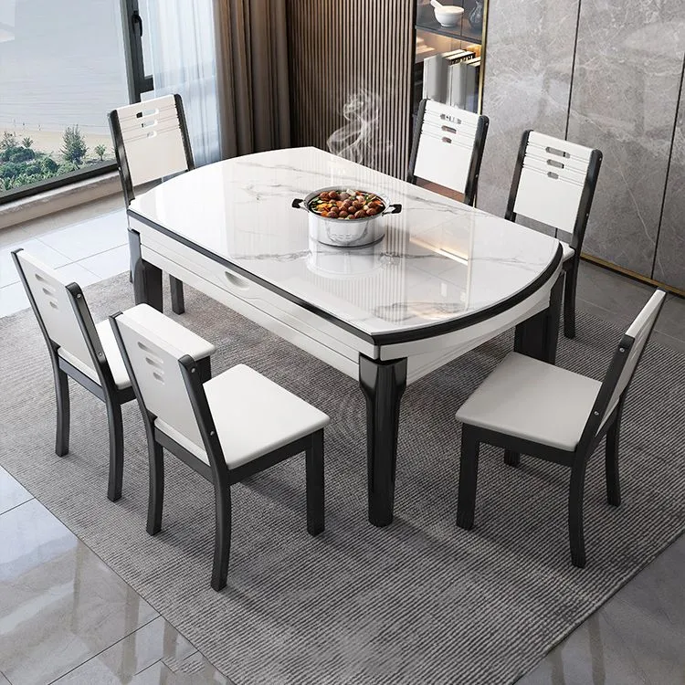 Set tavolo da pranzo pieghevole con piano pietra per la casa Set da pranzo moderno da 1/7 pezzi Clearhalo
