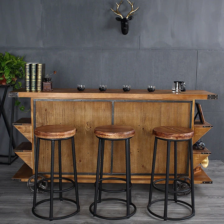 Sgabello da bar e bancone industriale legno massello, rotondo, sedia da bar colore naturale Clearhalo