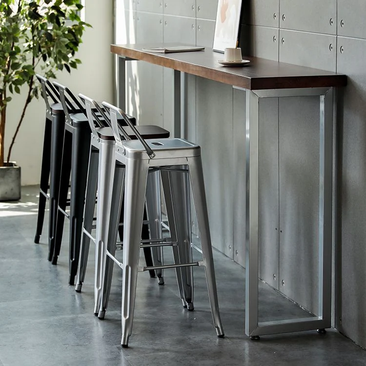 Sgabello da bar industriale con piano legno Sgabello da bar 4 gambe ferro per interni Clearhalo