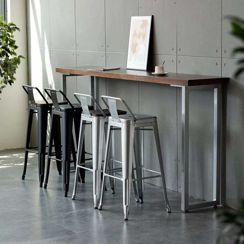 Sgabello da bar industriale con piano legno Sgabello da bar 4 gambe ferro per interni Clearhalo
