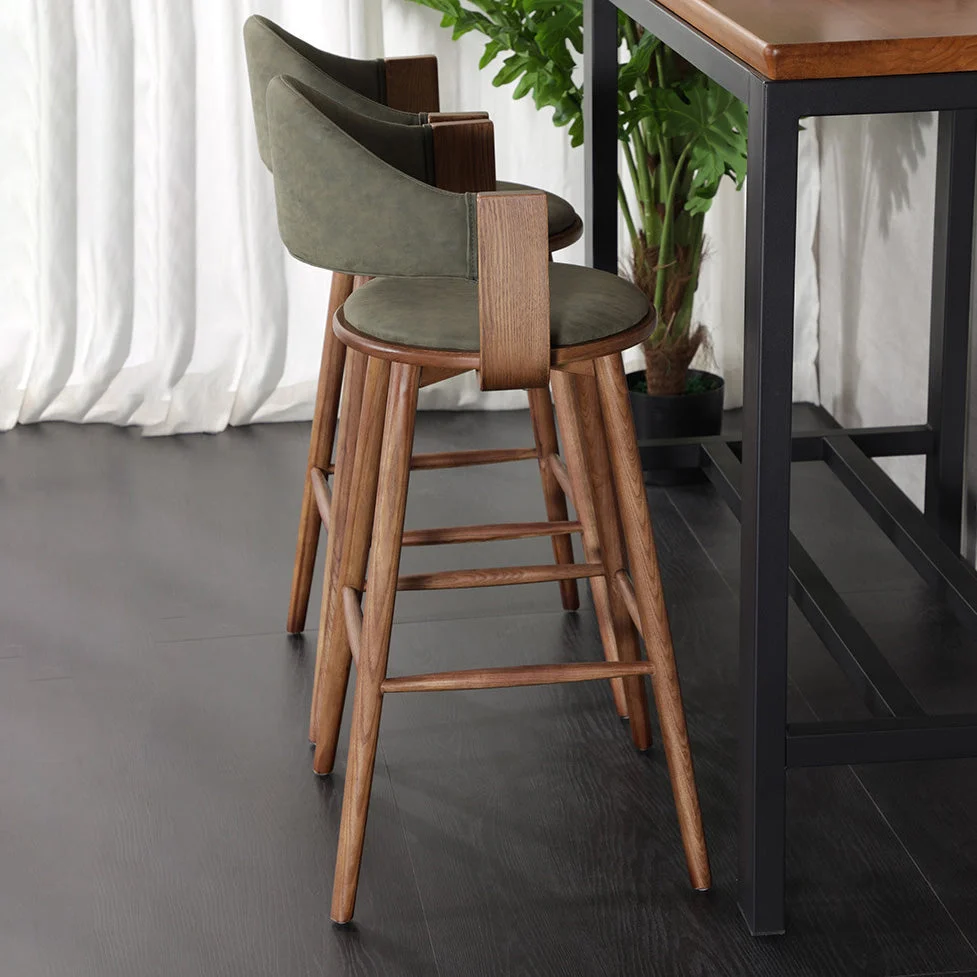 Sgabello moderno legno verde, mobili ecopelle, schienale basso con 4 gambe legno Clearhalo