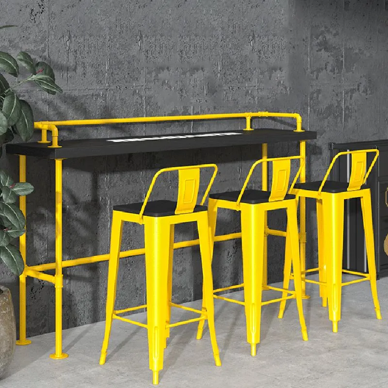 Tavolo da bancone industriale rettangolare legno massello da 1/4 pezzi con sgabelli alti Clearhalo