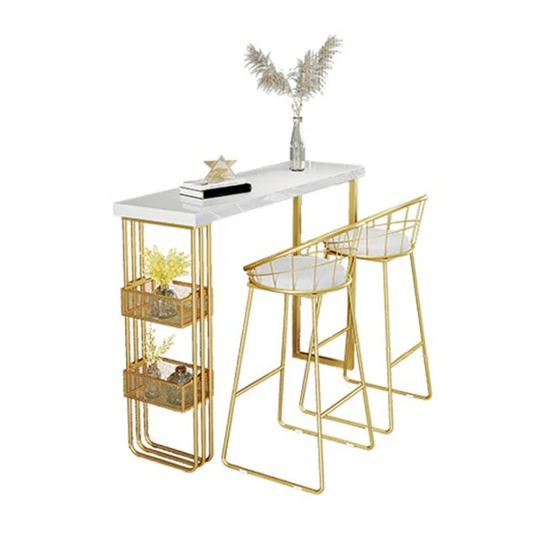 Tavolo da bar con piano bianco e base portaoggetti Tavolo da pub glam con struttura metallo dorato Clearhalo