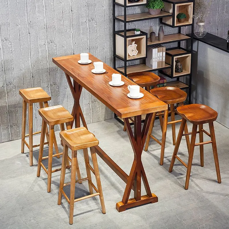 Tavolo da bar con piano legno massello marrone per piccoli spazi Tavolo da pub contemporaneo con cavalletto Clearhalo