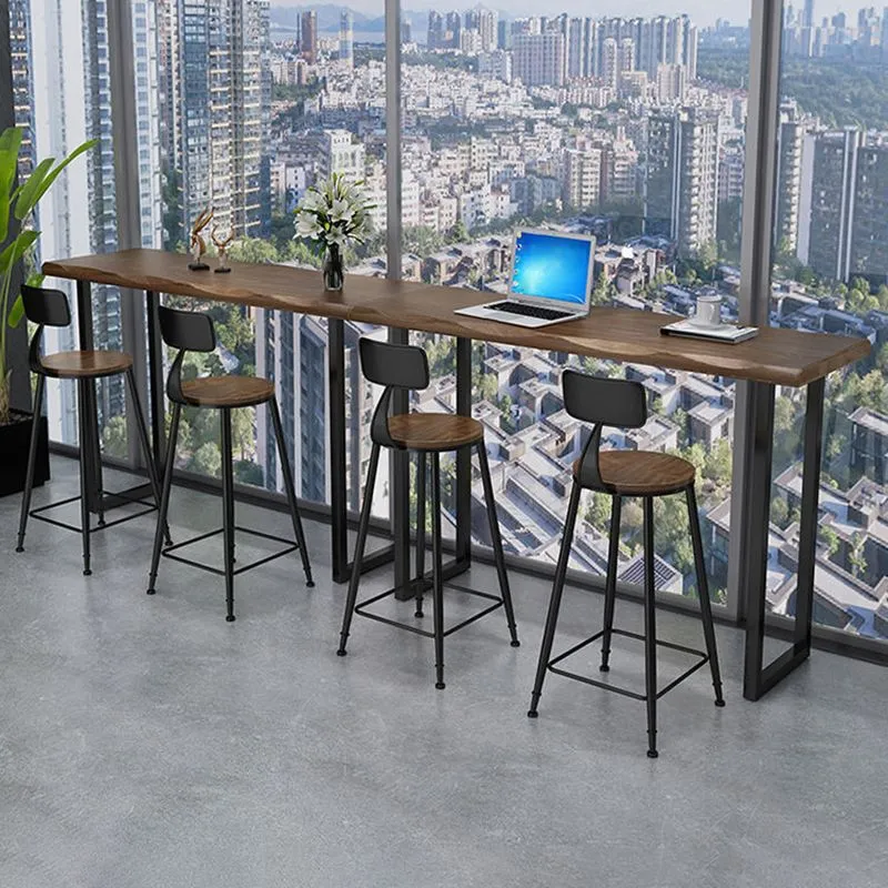 Tavolo da bar con piano legno di pino marrone scuro Tavolo da pub industriale con struttura metallo Clearhalo