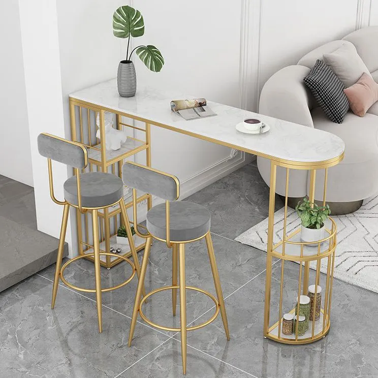 Tavolo da bar rettangolare con piano pietra sinterizzata Lussuoso tavolo da pub di forma irregolare con base metallo Clear...