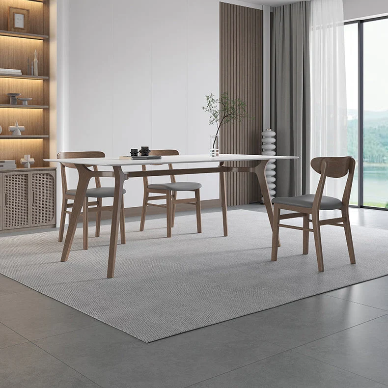 Tavolo Bianco con Piano Pietra Sinterizzata per Ristorante Tavolo Moderno con Base Legno e 4 Gambe Clearhalo