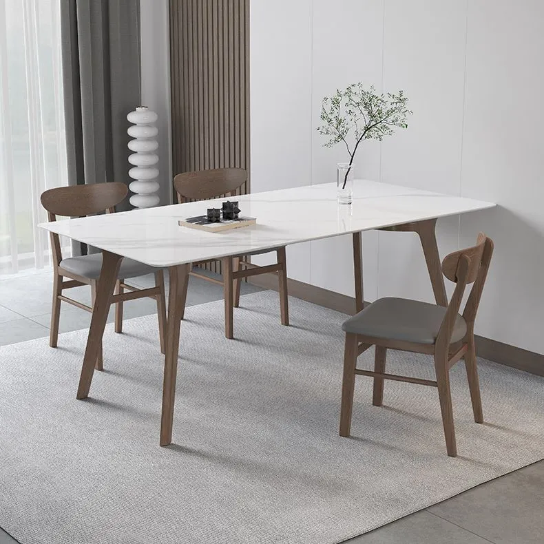 Tavolo Bianco con Piano Pietra Sinterizzata per Ristorante Tavolo Moderno con Base Legno e 4 Gambe Clearhalo