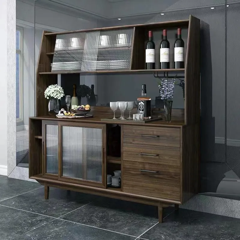 Tavolo da buffet legno di pino con 3 cassetti e 4 ante vetro, credenza stile semplice per la cucina Clearhalo