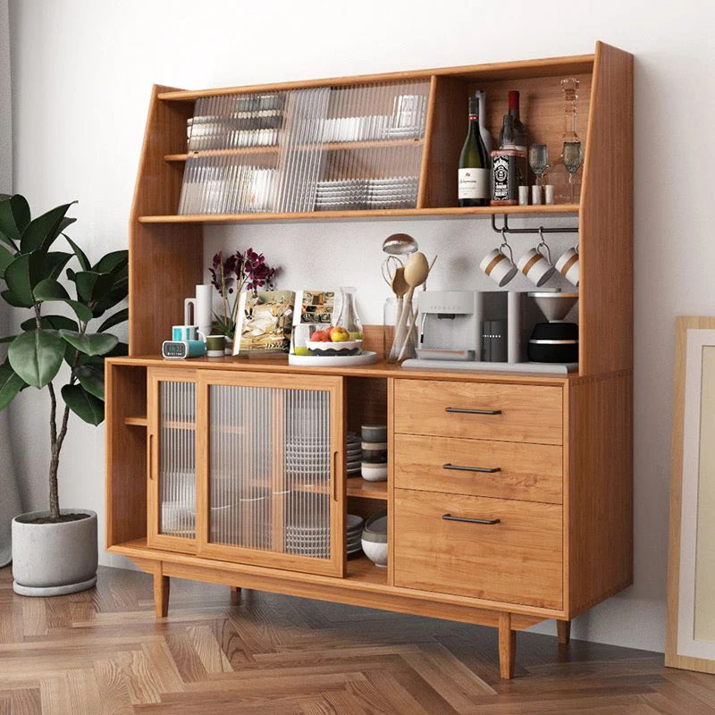 Tavolo da buffet legno di pino con 3 cassetti e 4 ante vetro, credenza stile semplice per la cucina Clearhalo