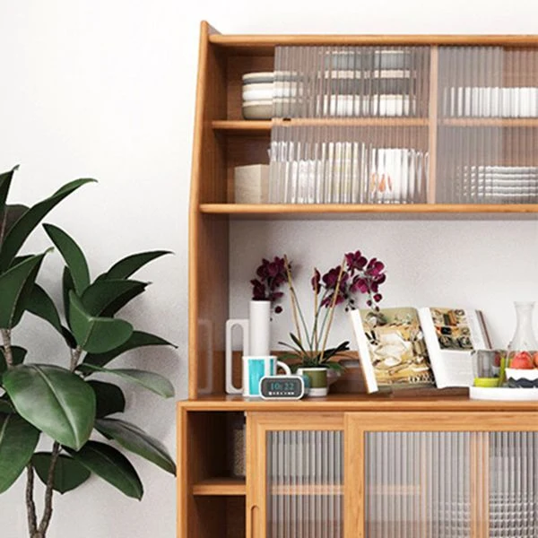 Tavolo da buffet legno di pino con 3 cassetti e 4 ante vetro, credenza stile semplice per la cucina Clearhalo