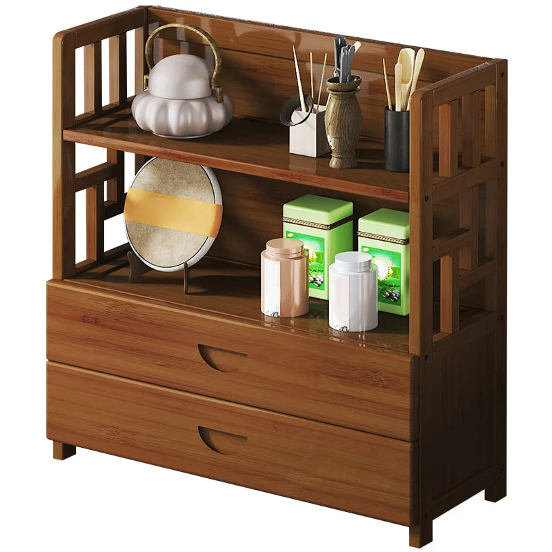Tavolo da buffet moderno con credenza buffet bambù marrone con contenitore aperto e 2 cassetti Clearhalo