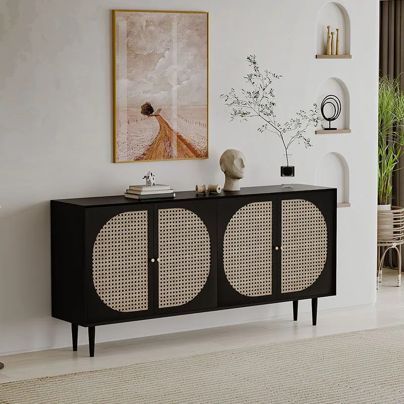 Tavolo da buffet moderno legno massello con ante vimini nero per sala da pranzo Clearhalo