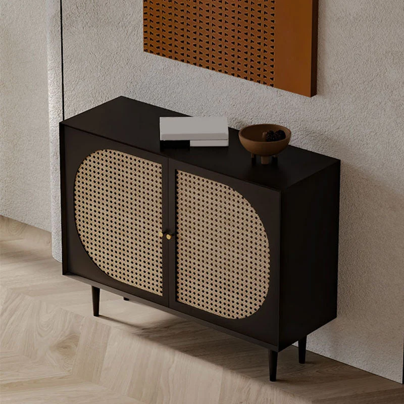 Tavolo da buffet moderno legno massello con ante vimini nero per sala da pranzo Clearhalo