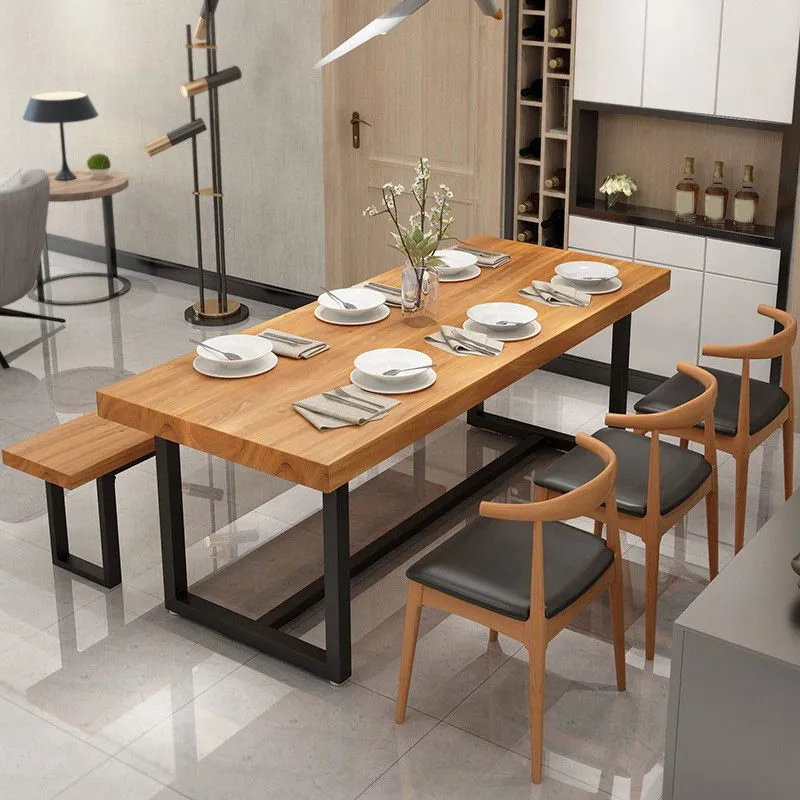 Tavolo con piano legno massello con tavolo da pranzo rettangolare industriale con base metallo Clearhalo