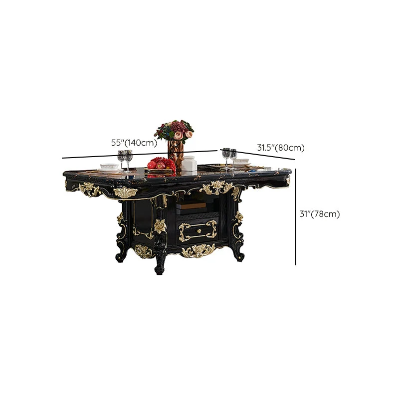Tavolo da cucina Glam con piano finto marmo e gambe legno massello di colore nero Clearhalo
