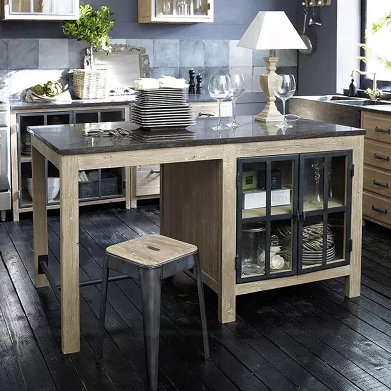 Tavolo da cucina moderno con isola e mobiletto portaoggetti. Tavolo di preparazione legno di pino Clearhalo