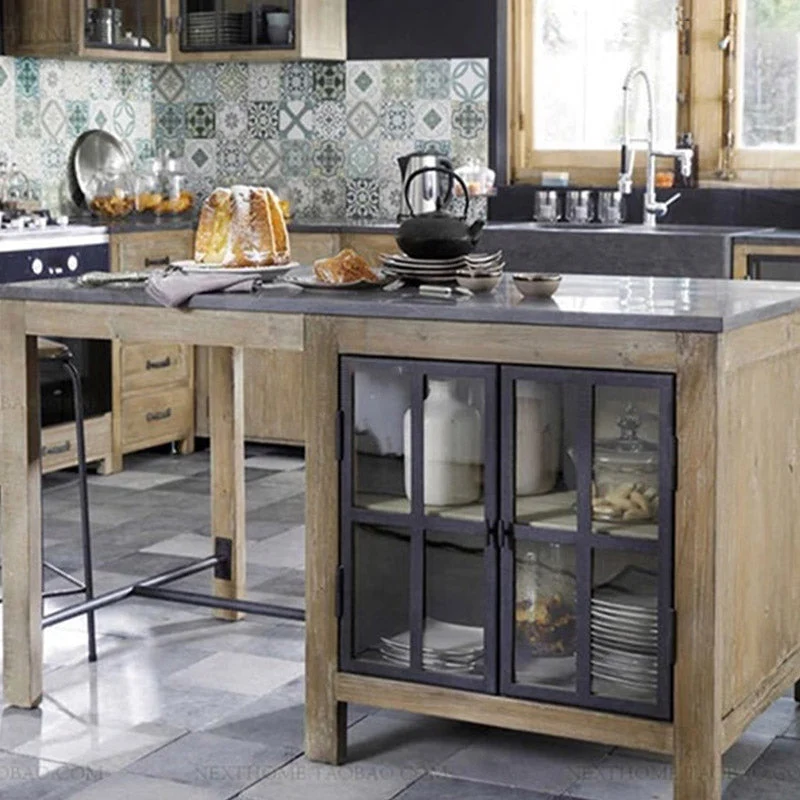 Tavolo da cucina moderno con isola e mobiletto portaoggetti. Tavolo di preparazione legno di pino Clearhalo