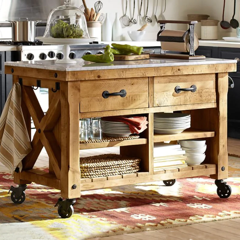 Tavolo da cucina moderno con isola, tavolo da pranzo con base legno e rotelle Clearhalo