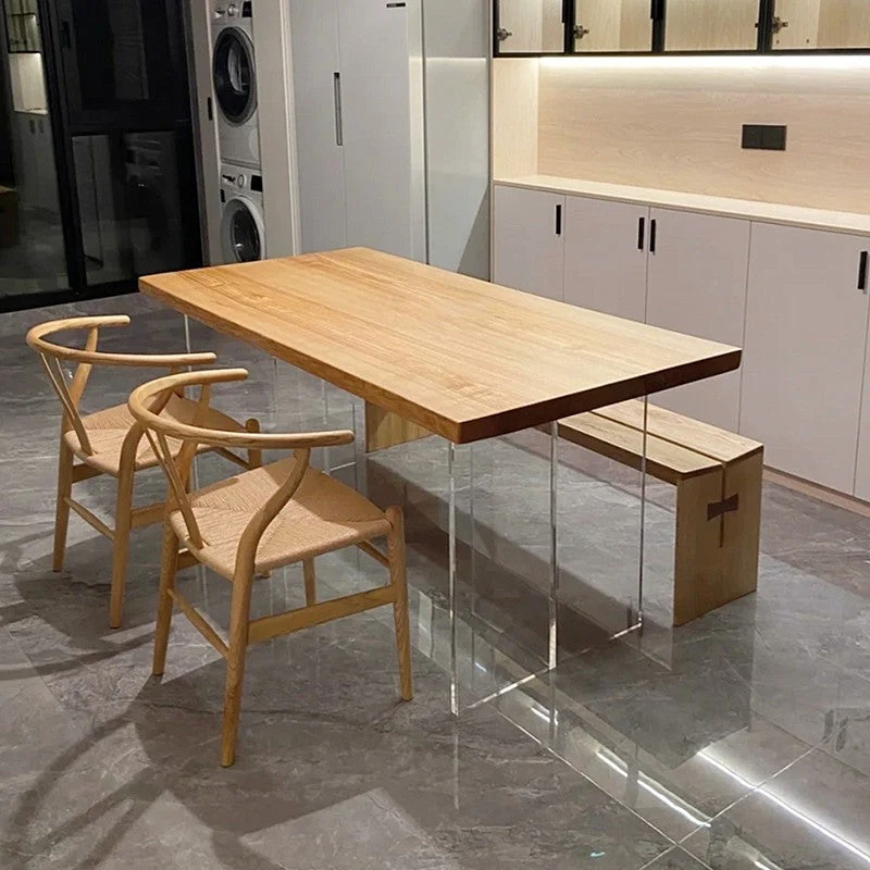 Tavolo da cucina moderno legno massello Tavolo da pranzo rettangolare con doppio piedistallo Clearhalo
