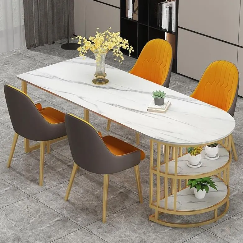 Tavolo da cucina per sala da pranzo con piano pietra bianca Tavolo da pranzo moderno con base metallo Clearhalo